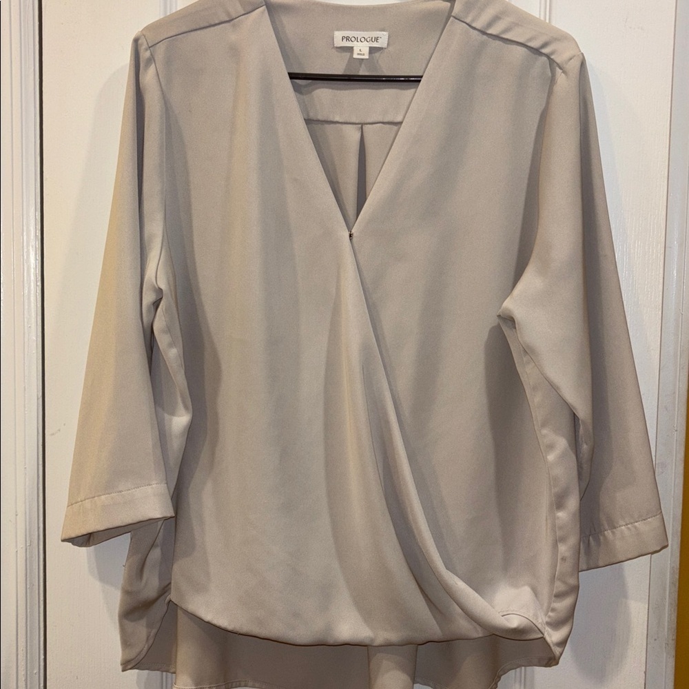 Prologue Light Taupe Wrap Top V Neck Long Sleeve HiLo Hem 3/4ā Sleeve 100% Poly